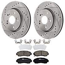 4-Piece Kit Front Brake Disc and Pad Kit, Cross-drilled and Slotted, 5 Lugs, Ceramic, Base, 2.3L 4Cyl,  Includes (2) Brake Disc and (1) Brake Pad Set
