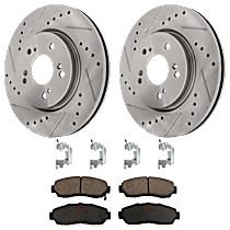 4-Piece Kit Front Brake Disc and Pad Kit, Cross-drilled and Slotted, 5 Lugs, Ceramic, Base, 2.3L 4Cyl,  Includes (2) Brake Disc and (1) Brake Pad Set