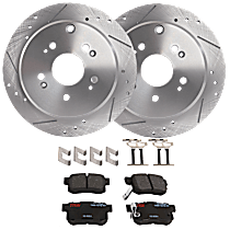 4-Piece Kit Rear Brake Disc and Pad Kit, Cross-drilled and Slotted, 5 Lugs, Ceramic, Base, 2.3L 4Cyl,  Includes (2) Brake Disc and (1) Brake Pad Set