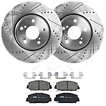 4-Piece Kit Front Brake Disc and Pad Kit, Cross-drilled and Slotted, 5 Lugs, Ceramic, Coupe, 1.5L 4Cyl,  Includes (2) Brake Disc and (1) Brake Pad Set
