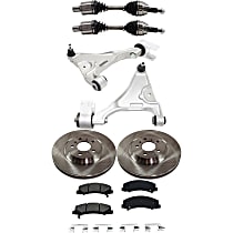 8-Piece Kit Front, Driver and Passenger Side Axle Assembly, With Heavy Duty Suspension (FE7), New, Sedan, includes (2) Axle Assembly, (2) Brake Disc, (1) Brake Pad Set, and (2) Control Arm