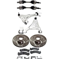 8-Piece Kit Front, Driver and Passenger Side Axle Assembly, With Heavy Duty Suspension (FE7), New, Sedan, includes (2) Axle Assembly, (2) Brake Disc, (1) Brake Pad Set, and (2) Control Arm