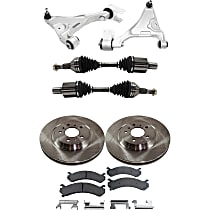 8-Piece Kit Front, Driver and Passenger Side, Lower Control Arm Kit, Sedan, includes (2) Axle Assembly, (2) Brake Disc, (1) Brake Pad Set, and (2) Control Arm