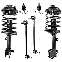 6-Piece Kit Front, Driver and Passenger Side Fully Loaded Strut, AWD or FWD, includes (2) Ball Joint, (2) Shock Absorber and Strut Assembly, and (2) Sway Bar Link