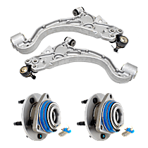 4-Piece Kit Front, Driver and Passenger Side, Lower Control Arm, includes (2) Control Arm and (2) Wheel Hub