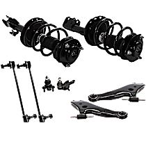 8-Piece Kit Front, Driver and Passenger Side, Lower Fully Loaded Strut, AWD/FWD, includes (2) Ball Joint, (2) Control Arm, (2) Shock Absorber and Strut Assembly, and (2) Sway Bar Link