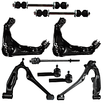 9-Piece Kit Front, Driver and Passenger Side, Inner and Outer, Upper and Lower Control Arm, With Front Torsion Bar Spring, 18 (mm) Thread at Centerlink, Heavy Duty Design, includes (4) Control Arm, (2) Sway Bar Link, and (3) Tie Rod End