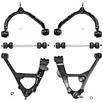 6-Piece Kit Front, Passenger Side, Lower, Driver Side, Upper Control Arm, RWD, For Models With Forged Arm, With Front Torsion Bar Spring, includes (4) Control Arm and (2) Sway Bar Link