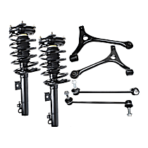 6-Piece Kit Front, Driver and Passenger Side, Inner and Outer, Lower, Front To End Fully Loaded Strut, FWD, Production Date From May 13 1998, includes (2) Control Arm, (2) Shock Absorber and Strut Assembly, and (2) Sway Bar Link