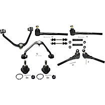 12-Piece Kit Front, Driver and Passenger Side, Inner and Outer, Lower, Front To End Control Arm, (2) Ball Joint, (2) Control Arm, (2) Sway Bar Link, (2) Tie Rod Adjusting Sleeve, and (4) Tie Rod End