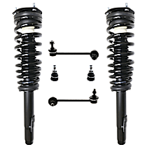 6-Piece Kit Front, Driver and Passenger Side, Upper Fully Loaded Strut, includes (2) Ball Joint, (2) Shock Absorber and Strut Assembly, and (2) Sway Bar Link