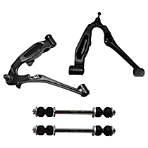 4-Piece Kit Front, Driver and Passenger Side, Lower Control Arm, With Front Torsion Bar Spring, includes (2) Control Arm and (2) Sway Bar Link