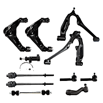 11-Piece Kit Front, Driver and Passenger Side, Upper and Lower, Inner and Outer Control Arm, w/ Front Torsion Bar Spring, 18 (mm) Thread at Centerlink, w/ 3 Groove Spline, includes Control Arm, Idler Arm Bracket, Pitman Arm, Sway Bar Link, Tie Rod End