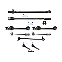 11-Piece Kit Front and Rear, Driver and Passenger Side, Lower, Inner and Outer Control Arm, FWD, includes (2) Control Arm, (3) Sway Bar Link, (2) Tie Rod Adjusting Sleeve, and (4) Tie Rod End