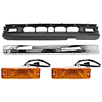 4-Piece Kit, Front, Center Bumper, RWD, For Models Without Bumper End Caps, Chrome, Includes (1) Bumper, (2) Turn Signal Light, and (1) Valance