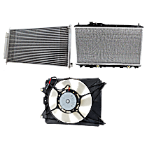 3-Piece Kit A/C Condenser, 4 Cyl 1.5L, includes (1) A/C Condenser, (1) Cooling Fan Assembly, and (1) Radiator