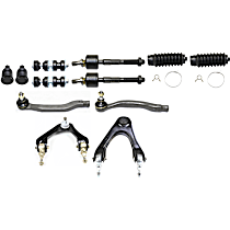 12-Piece Kit Front, Driver and Passenger Side, Upper Control Arm, includes (4)Tie Rod End, (2)Ball Joint, (2)Control Arm, (2)Steering Rack Boot and (2)Sway Bar Link