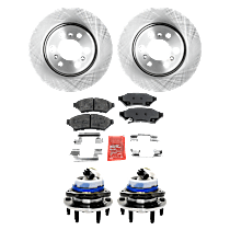 6-Piece Kit Front and Rear, Driver and Passenger Side Wheel Hub, 6 Lugs, With Bearing, With Sensor, includes (2) Brake Disc, (1) Brake Pad Set, and (2) Wheel Hub