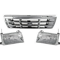 3-Piece Kit Grille with Headlights, Chrome Shell/Painted Gray Insert