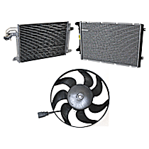 3-Piece Kit A/C Condenser, 4 Cyl 2.0L, includes (1) A/C Condenser, (1) Cooling Fan Assembly, and (1) Radiator
