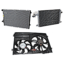 3-Piece Kit A/C Condenser, 4 Cyl 2.0L, includes (1) A/C Condenser, (1) Cooling Fan Assembly, and (1) Radiator