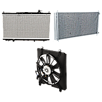3-Piece Kit A/C Condenser, 2.4L 4Cyl,  Includes (1) A/C Condenser, (1) Cooling Fan Assembly, and (1) Radiator