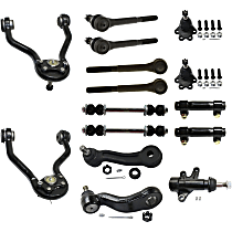 Front, Driver and Passenger Side Suspension Kit, includes Ball Joint, Control Arm, Idler Arm, Idler Arm Bracket, Pitman Arm, Sway Bar Link, Tie Rod Adjusting Sleeve, and Tie Rod End