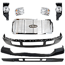 8-Piece Kit Front Bumper, For Models Without Fender Flare Holes, Painted Black,  Includes (1) Bumper, (1) Bumper Cover, (1) Fog Light, (1) Grille Assembly, (2) Headlight, and (1) Valance
