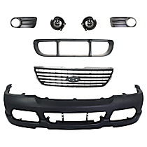 6-Piece Kit Front Primed Bumper Cover, Includes (1) Bumper Cover, (1) Bumper Grille, (1) Fog Light, (2) Fog Light Trim, and (1) Grille Assembly
