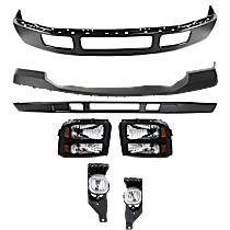 7-Piece Kit Front Bumper, For Models Without Fender Flare Holes, Painted Black,  Includes (1) Bumper, (1) Bumper Cover, (2) Fog Light, (2) Headlight, and (1) Valance
