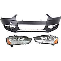 3-Piece Kit Driver and Passenger Side Halogen Headlight, With bulb(s),  mfrbodycodename : B8, 4th Generation, For Models Without S-Line Package, Warning System and Tow Hook Cover, OE Replacement, Sedan,  Includes (1) Bumper Cover and (2) Hea