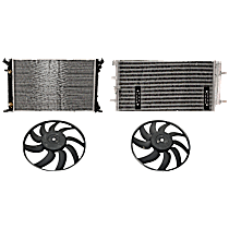 4-Piece Kit A/C Condenser, 4 Cyl 2.0L, includes (1) A/C Condenser, (2) Cooling Fan Assembly, and (1) Radiator
