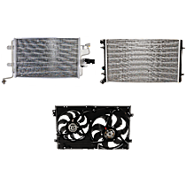 3-Piece Kit A/C Condenser, includes (1) A/C Condenser, (1) Cooling Fan Assembly and (1) Radiator, (TT/TT QUATTRO, 1.8L and 3.2L Eng., 4 Cyl. and 6 Cyl., and JETTA, 1.8L/1.9L/2.0L Eng., 4 Cyl.)