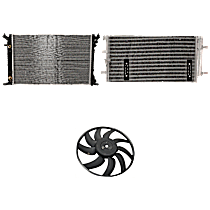 3-Piece Kit A/C Condenser, 4 Cyl 2.0L, includes (1) A/C Condenser, (1) Cooling Fan Assembly, and (1) Radiator