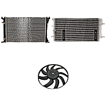 3-Piece Kit A/C Condenser, 4 Cyl 2.0L, includes (1) A/C Condenser, (1) Cooling Fan Assembly, and (1) Radiator