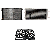 3-Piece Kit A/C Condenser, 4 Cyl 2.0L, includes (1) A/C Condenser, (1) Cooling Fan Assembly, and (1) Radiator