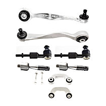 8-Piece Kit Front, Driver and Passenger Side, Upper, Rearward Control Arm, includes (2) Control Arm, (2) Sway Bar Link, and (4) Tie Rod End