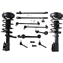 12-Piece Kit Front, Driver and Passenger Side Fully Loaded Strut, Without Performance Handling Package, includes (2) Control Arm, (2) Shock Absorber and Strut Assembly, (2) Sway Bar Link, (2) Tie Rod Adjusting Sleeve, and (4) Tie Rod End