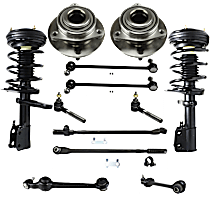 12-Piece Kit Front, Driver and Passenger Side Fully Loaded Strut, Without Performance Handling Package, includes (2) Control Arm, (2) Shock Absorber and Strut Assembly, (2) Sway Bar Link, (4) Tie Rod End, and (2) Wheel Hub