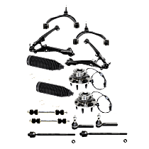14-Piece Kit Front, Driver and Passenger Side, Upper and Lower Control Arm, Cast Iron Arm, without Aluminum Steering Knuckles, includes (4) Control Arm, (2) Steering Rack Boot, (2) Sway Bar Link, (4) Tie Rod End, and (2) Wheel Hub