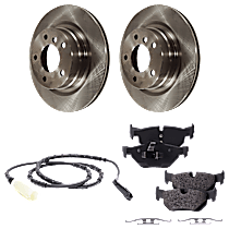 5-Piece Kit Rear Brake Disc and Pad Kit, Plain Surface, 5 Lugs, Naturally Aspirated, GAS, Coupe, 3.0L 6Cyl,  Includes (2) Brake Disc, (1) Brake Pad Sensor, and (1) Brake Pad Set