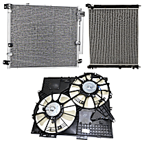 3-Piece Kit A/C Condenser, 6 Cyl 3.6L, includes (1) A/C Condenser, (1) Cooling Fan Assembly, and (1) Radiator