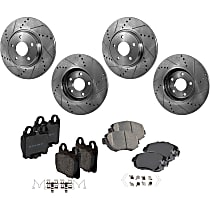 Front and Rear Brake Disc and Pad Kit, Cross-drilled and Slotted Pad Material, Pro-Line Series