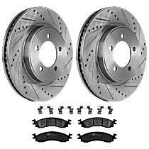 4-Piece Kit Front Brake Disc and Pad Kit, Cross-drilled and Slotted, 5 Lugs, Semi-metallic, 4.6L 8Cyl,  Includes (2) Brake Disc and (1) Brake Pad Set