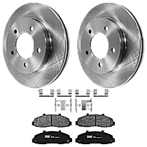 4-Piece Kit Front Brake Disc and Pad Kit, Plain Surface, 5 Lugs, Semi-metallic, 4WD, Four Wheel Drive, Production Date To November 1999, 4.2L 6Cyl,  Includes (2) Brake Disc and (1) Brake Pad Set