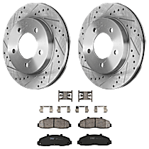 4-Piece Kit Front Brake Disc and Pad Kit, Cross-drilled and Slotted, 5 Lugs, Ceramic, 4WD,  Production Date To November 1999, 5.4L 8Cyl,  Includes (2) Brake Disc and (1) Brake Pad Set