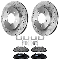 4-Piece Kit Front Brake Disc and Pad Kit, Cross-drilled and Slotted, 5 Lugs, Semi-metallic, 4WD,  Production Date To November 1999, 4.2L 6Cyl,  Includes (2) Brake Disc and (1) Brake Pad Set