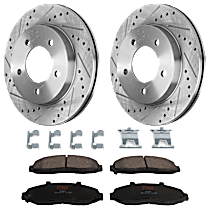 4-Piece Kit Front Brake Disc and Pad Kit, Cross-drilled and Slotted, 5 Lugs, Semi-metallic, 4WD,  Production Date To November 1999, 5.4L 8Cyl,  Includes (2) Brake Disc and (1) Brake Pad Set