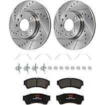 4-Piece Kit Front Brake Disc and Pad Kit, Cross-drilled and Slotted, 5 Lugs, Ceramic, 3.0L 6Cyl,  Includes (2) Brake Disc and (1) Brake Pad Set