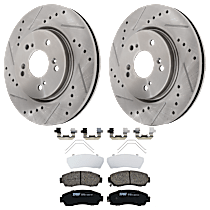 Front Brake Disc and Pad Kit, Cross-drilled and Slotted, 5 Lugs, Ceramic, AWD, All Wheel Drive